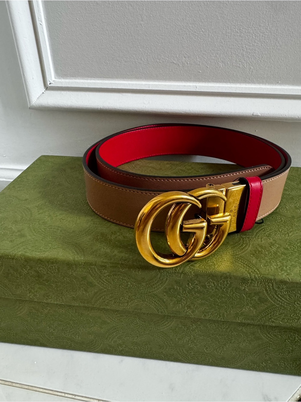 Gucci Tan/Red Belt Double Sided with Gold Double G Buckle